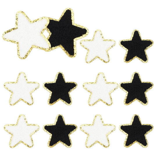 12Pcs Stick on Patches 2.3 Inches Chenille Star Patches Self Adhesive Patches Golden Edges Self Adhesive Small Star Fabric Stickers Patches for Backpacks Clothes Dress Hat Socks Jeans DIY(Black White)