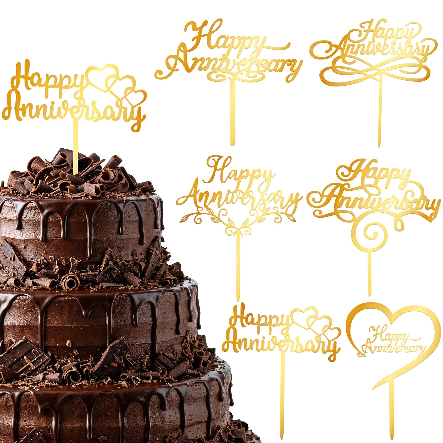 Nogeqi 6 Pcs Gold Happy Anniversary Cake Topper, Happy Anniversary Decorations Sign for Birthday Wedding Anniversaries Party Valentine's Day Decorations Supplies