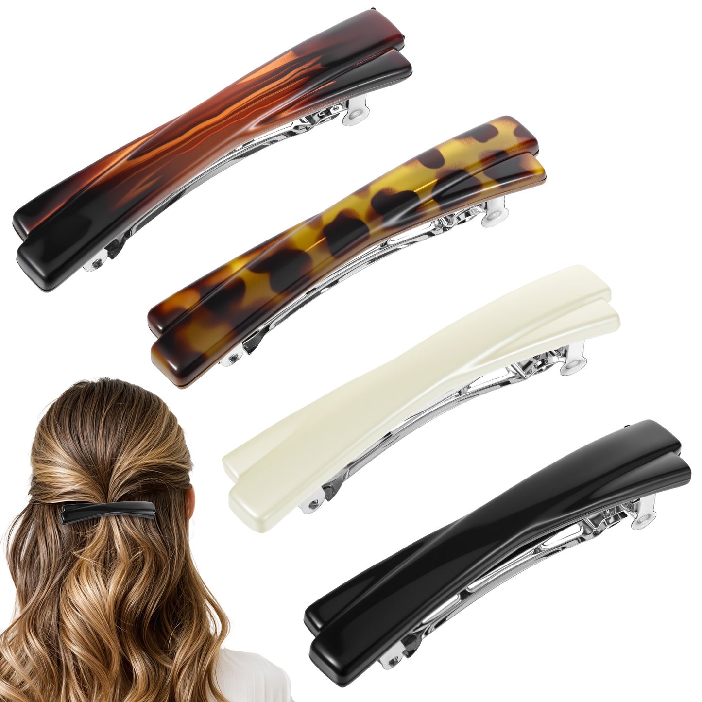 4 Pcs French Barrette Hair Clips for Women, Barrettes for Women Thin Thick, Curved Glossy Flat Hair Accessories, 2.5 Inch Black White Leopard Amber