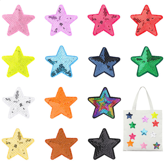 Xinjoduz 20 PCS Star Iron on Patches Sequin Embroidered Patches Sew on Patches Appliques Embellishments Glitter Iron Patches for Clothing, Jeans Jackets, Backpacks Costume(14 pcs Star)