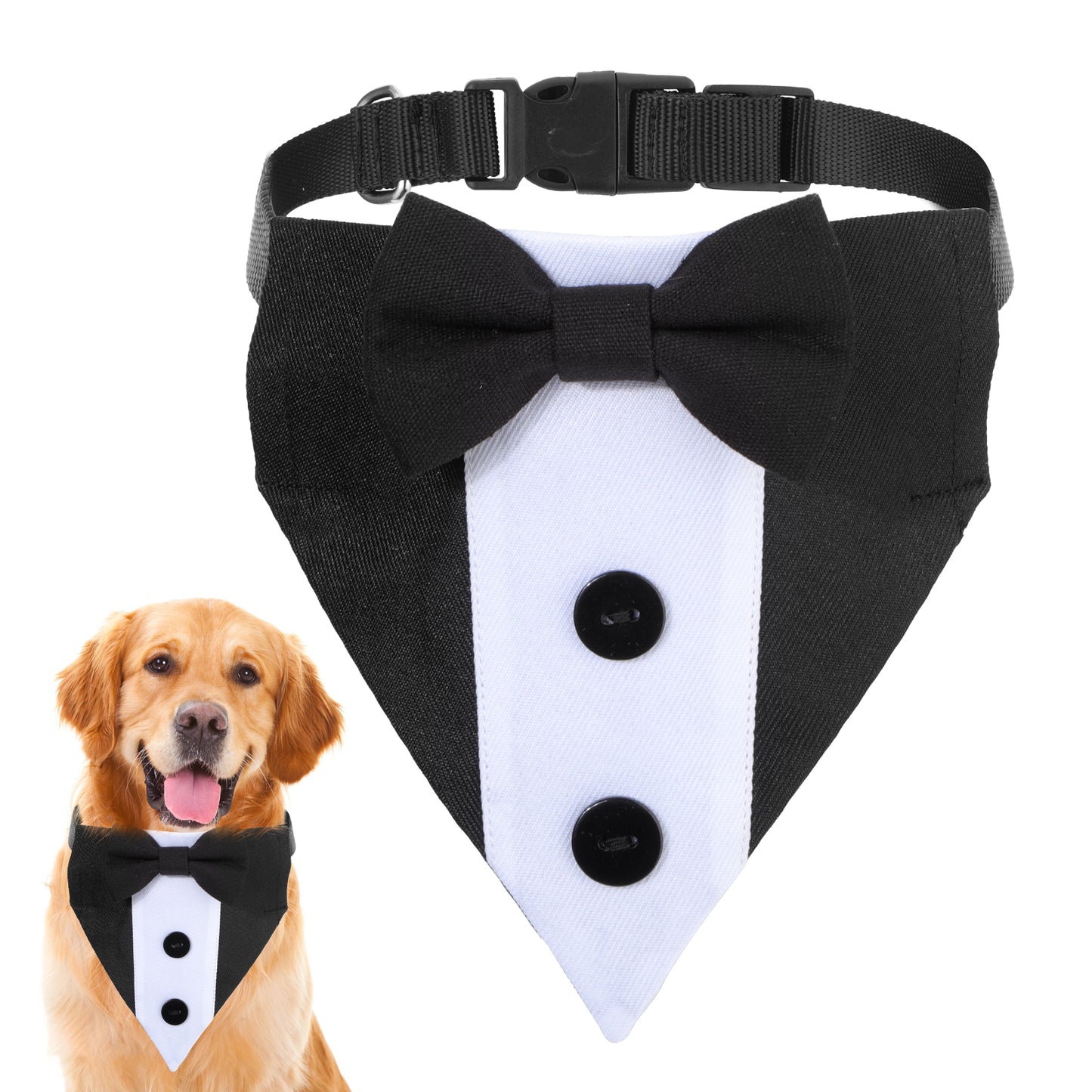 Adjustable Tuxedo Formal Wedding Outfit Bandana Tux Black Collar With Bow Tie, Suit Costume for Small Large Dogs Wedding, Engagement, And Birthday (Small: Neck 12.5"-21")