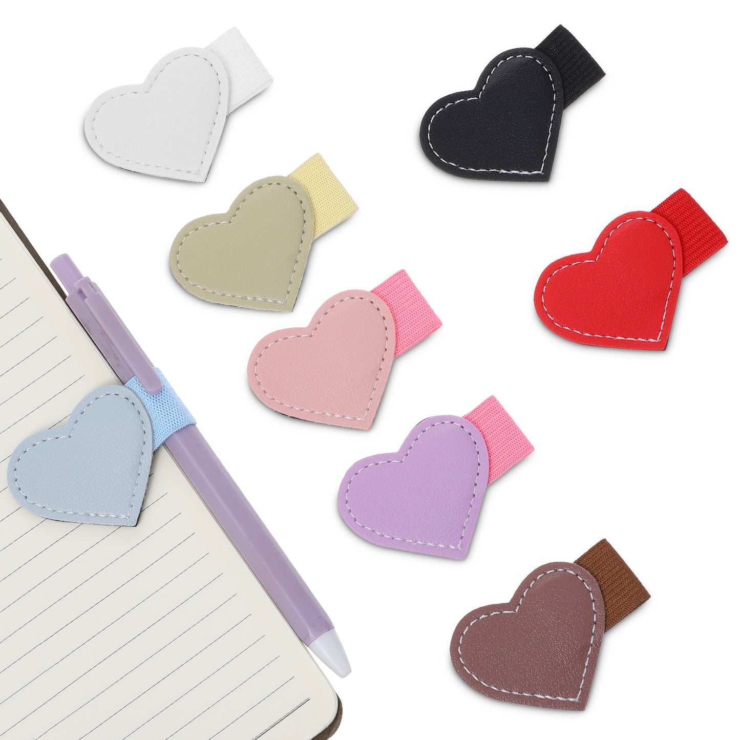 8 Pack Heart Pen Loop Holder Set, Colorful Self-adhesive Leather Pen Holders for Notebook with Elastic Loop, Cute Pencil Holder Clip for Students Journals Desks Planners Calendars School Office