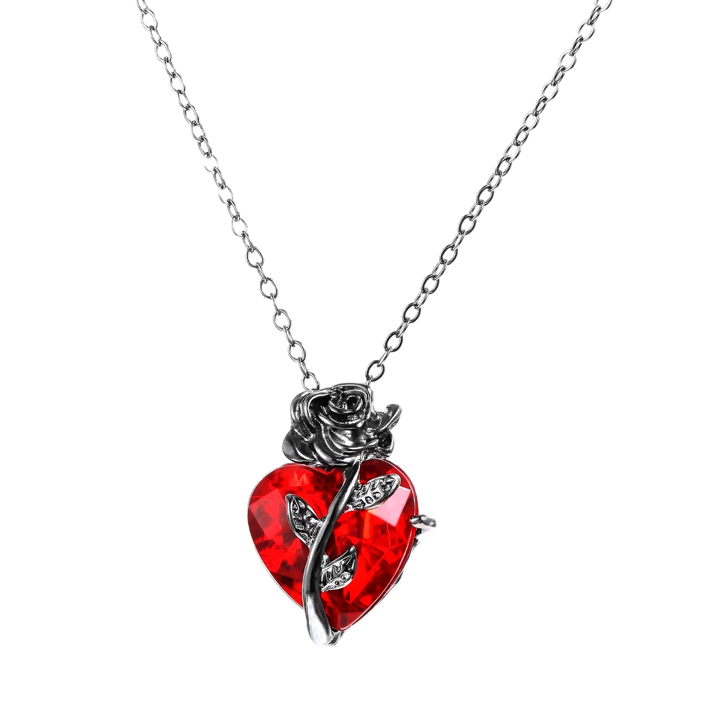 Mabor Gothic Rose Red Heart Pendant Necklace, Goth Emo Grunge Black Rose Jewelry Gifts Accessories for Women Men Aesthetic Necklace