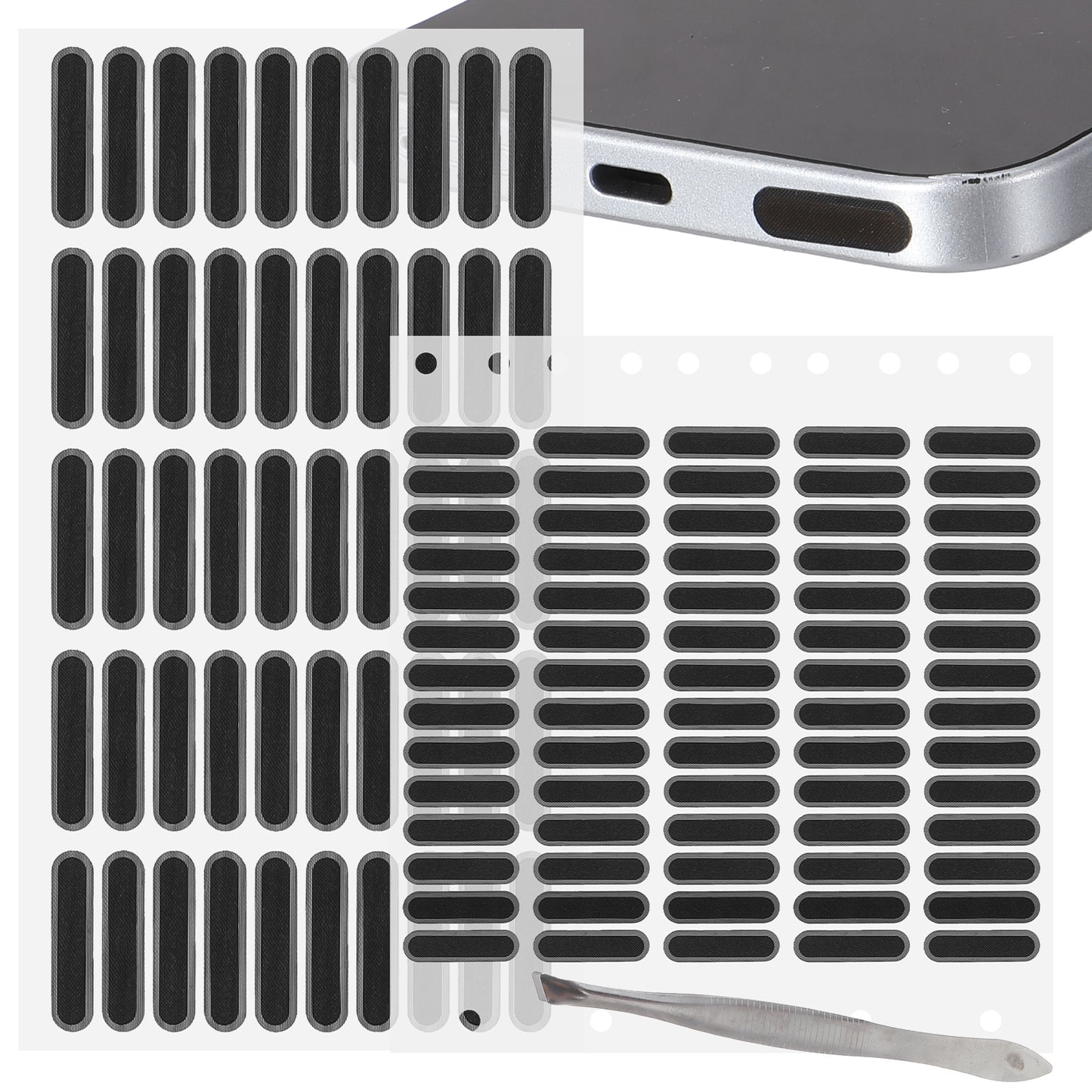 Sorcristy 120PCS Phone Speaker Dust Cover Kit, Speaker Mesh Stickers Anti Dust Protector for Phone, Includes Tweezer, 2 Sizes (0.87x0.20 in, 0.59x0.18 In)