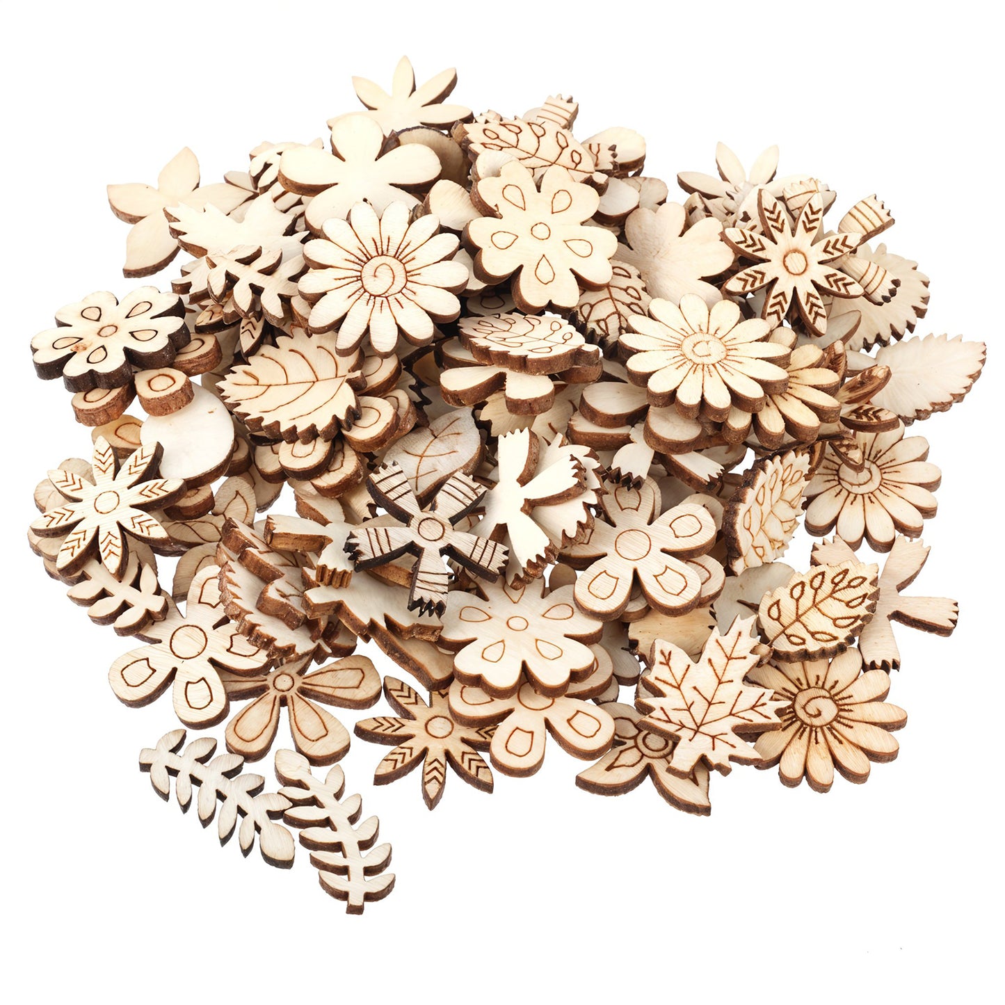 100 Pcs Wooden Flower and Leaf Pattern Cutouts for Crafts, Mini Unfinished Wood Pieces for DIY Jewelry, Home Decor, and Ornaments