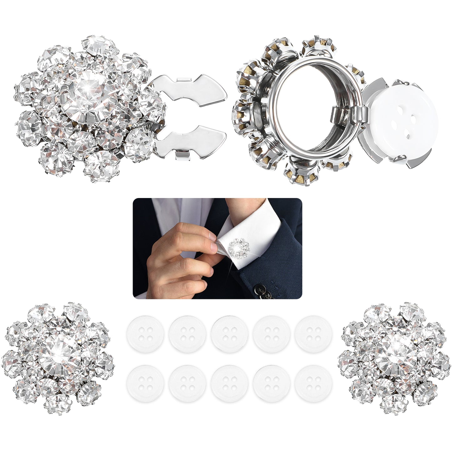 Tyqour 12 Pcs Button Covers for Women Blouses Detachable Crystal Silver Rhinestone Buttons for Clothing Blouses Jeans Clothing DIY Holiday Decoration Embellishments