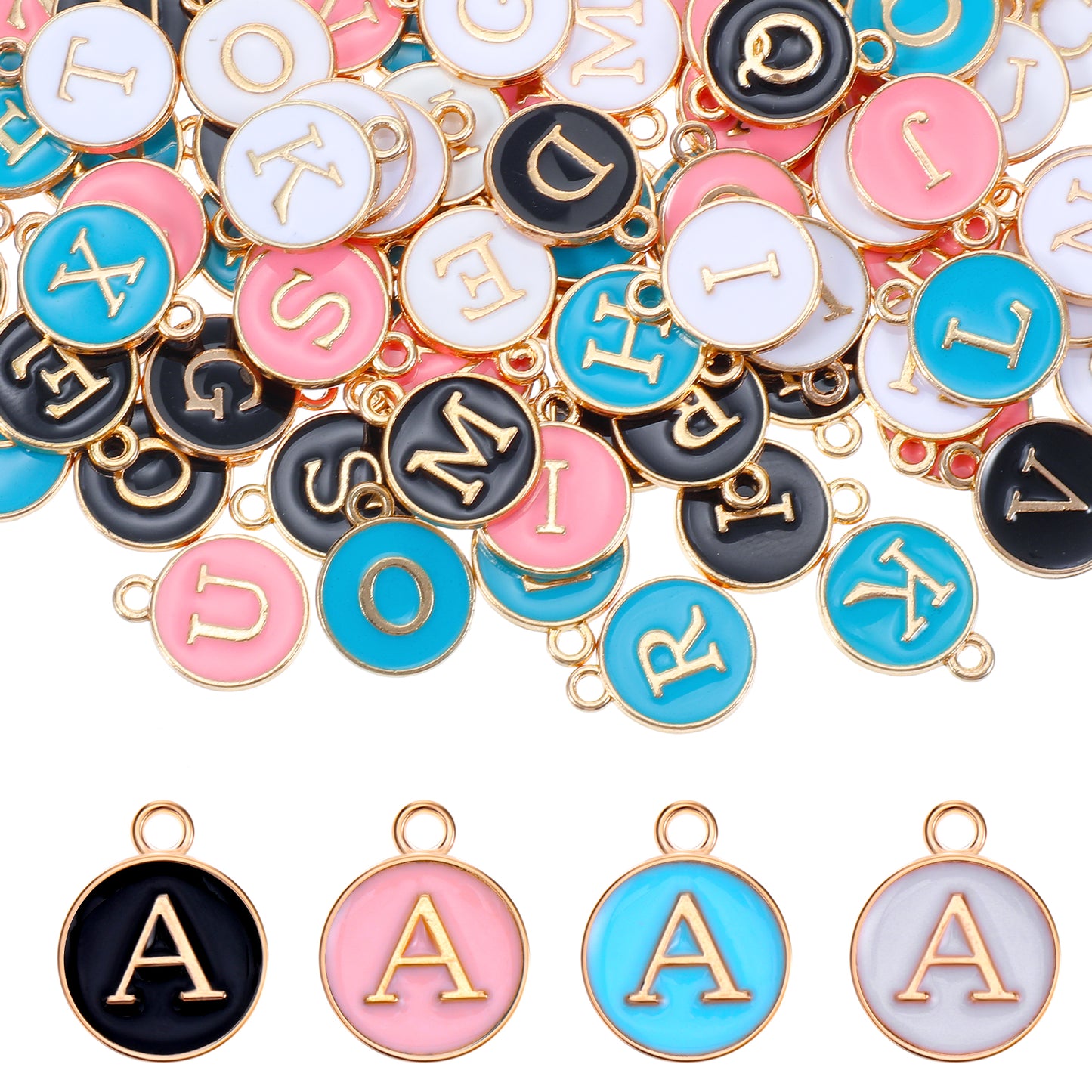 Teaaha 104PCS Double-Sided Alphabet Charms for Jewelry Making, Initial Metal Letters for Bracelets, Necklaces, Earrings (Pink, White, Blue, Black)