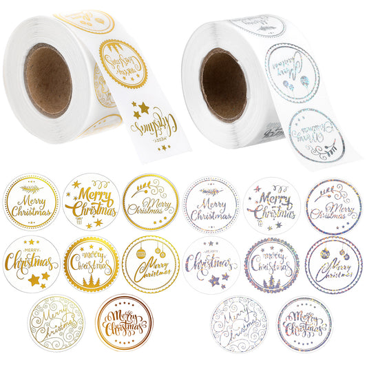 Ymapinc 2 Rolls Merry Christmas Stickers, Adhesive Envelope Seal Circle Label Stickers for Christmas Tags, Cards, Gift Box, Bottle Decor Supplies - Gold & Silver