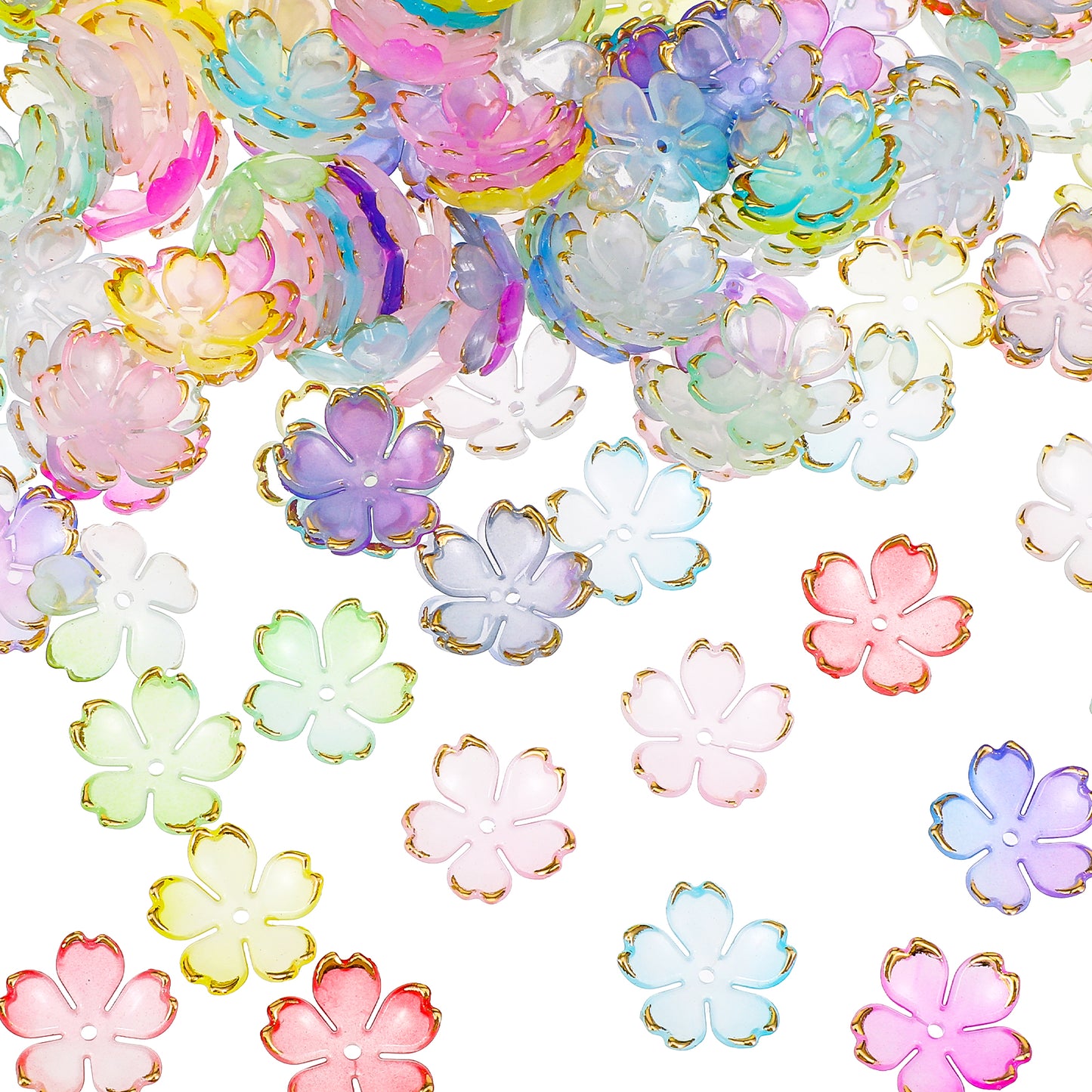 200PCS Flower Beads for Jewellery Making, Shimmeroo Cherry Blossom Floral Bead Charms Acrylic Flower Spacer Beads for Jewellery Making Gold Edge Petal Mini Spacer Bead Charm Random Color