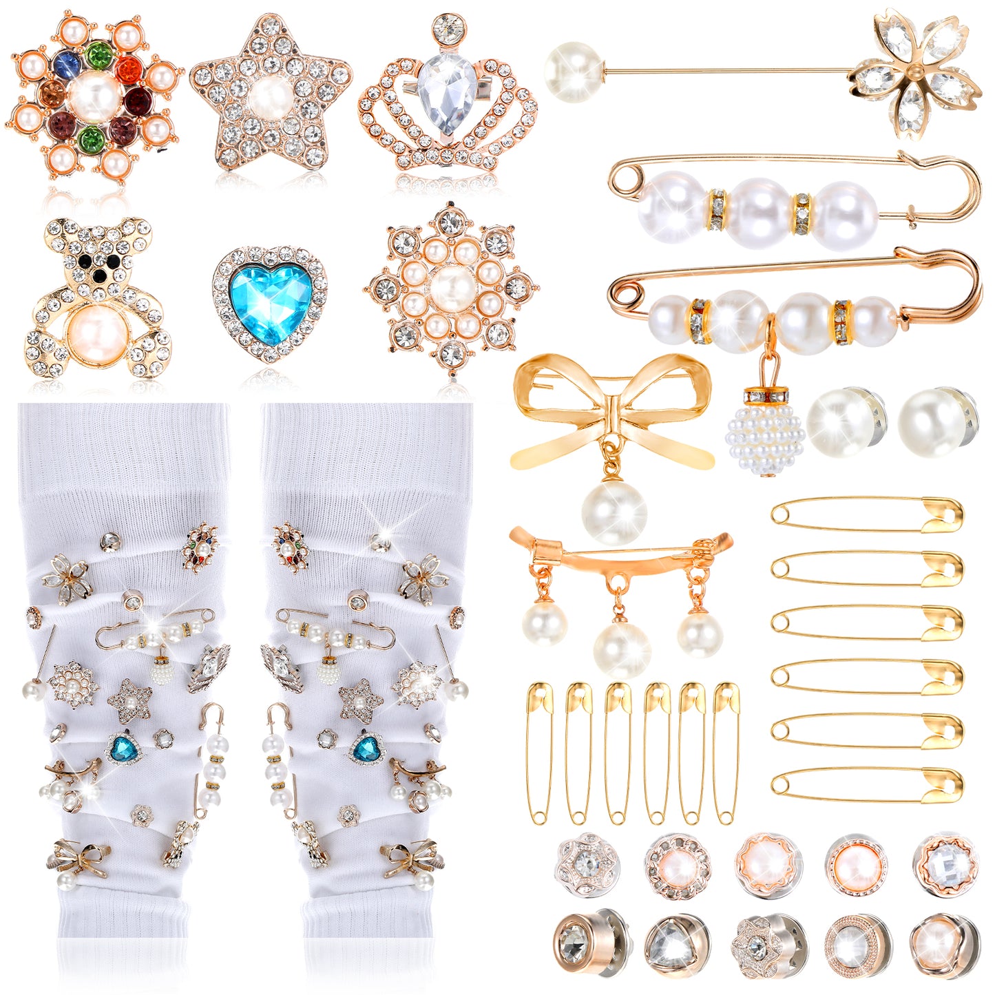 Ouligay 35Pcs Pearl Decorative Safety Pins,Rhinestones Faux Pearl Shawl Pin with Box,Crystal Brooch Pins for Women,Hat Pins,Pearl Decorative Pins for Sweater Scarf Collar Coat Accessories