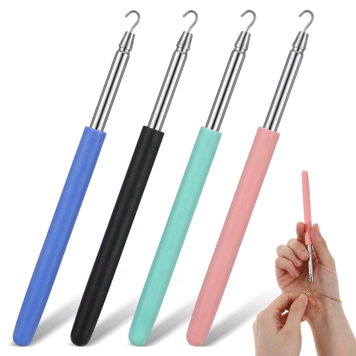 4 PCS Bracelet Helper Tool, Portable Bracelet Fastener Helper Tool Bracelets Assistance Tools Hooks Easy to Put on Yourself for Jewelry Clasps, Necklace, Zippers, Watch (Green, Blue, Pink, Black)