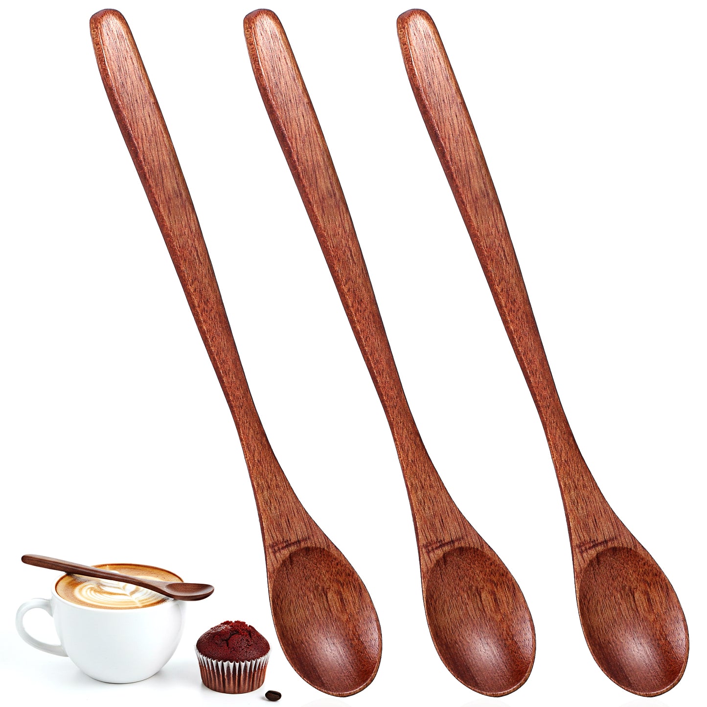 3 PCS Long Handle Wooden Spoon Set - Wooden Honey, Coffee & Tea Spoons Honey Jam Spoon Tablespoon Utensils for Cooking Mixing Stirring Soda Coffee Home Table Spoons 7.68 Inch Brown