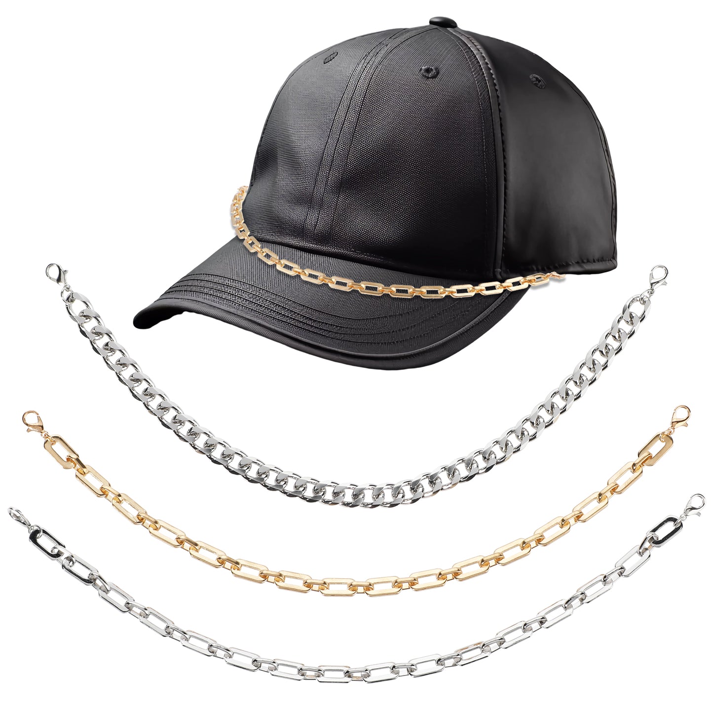 Xinjoduz 3PCS Trucket Hat Chains, 11 Inches 2 Styles Metal Hat Bar Chains, Trucker Cap Bill Decoration for DIY Party Supplies, Mesh Baseball Caps Accessories(Gold Silver)