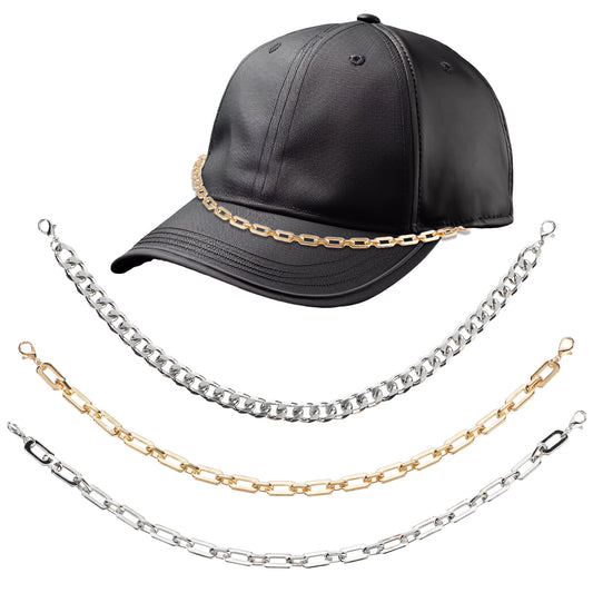 Xinjoduz 3PCS Trucket Hat Chains, 11 Inches 2 Styles Metal Hat Bar Chains, Trucker Cap Bill Decoration for DIY Party Supplies, Mesh Baseball Caps Accessories(Gold Silver)
