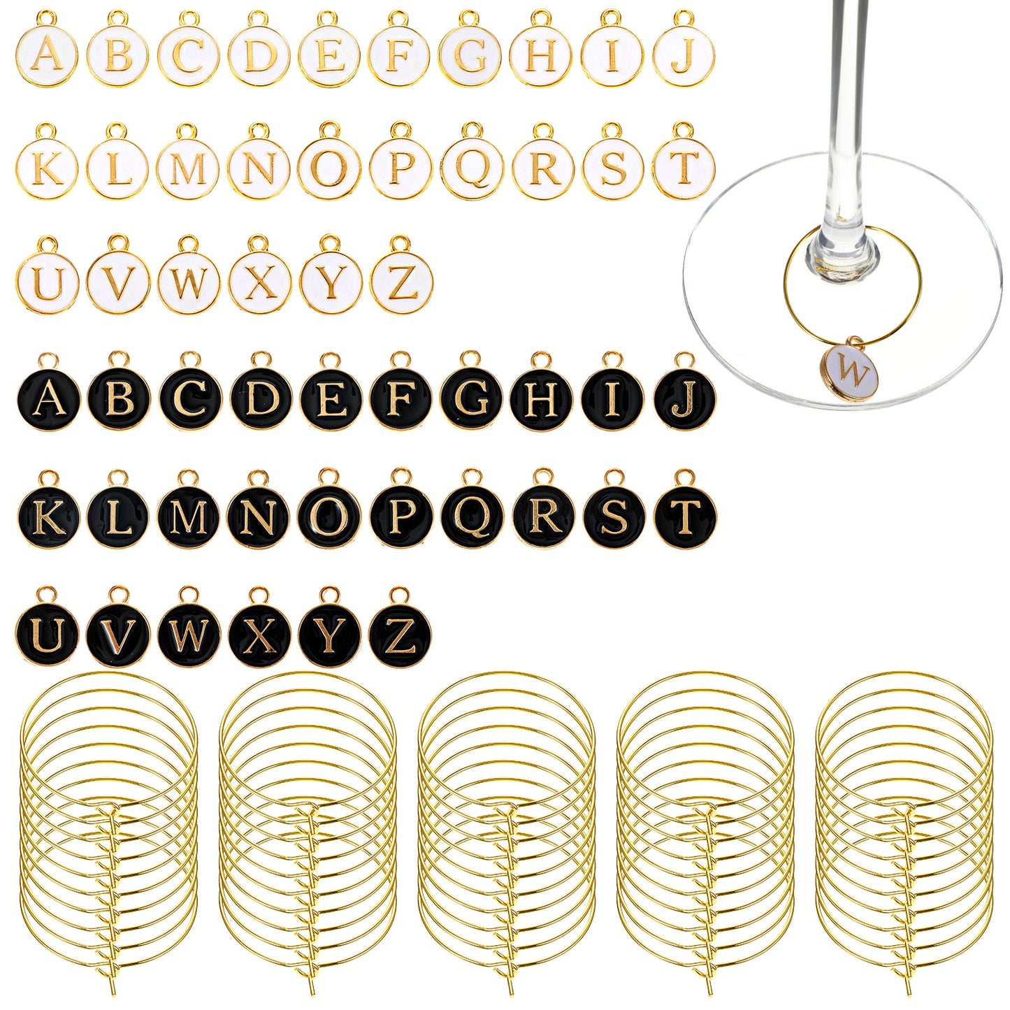 RAHHLIZS 52pcs Wine Glass Charms For Stem Glasses, Wine Charms Letter Drink Black White Alphabet Markers Wines Glass Rings for DIY Party Decorations