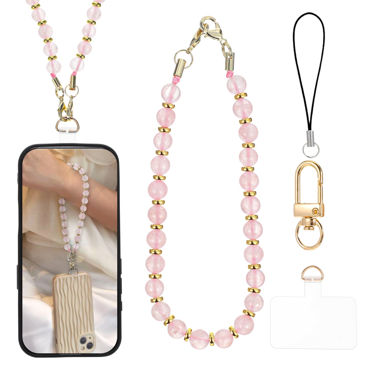 Ouligay Marble Beaded Phone Wrist Strap, Detachable Charm Cell Phone Lanyard Tether Tab, Hands-Free Wristlet Strap, Women Keychain Wristlet for Id Badge Keys Earphone Case Wallet (Pink)