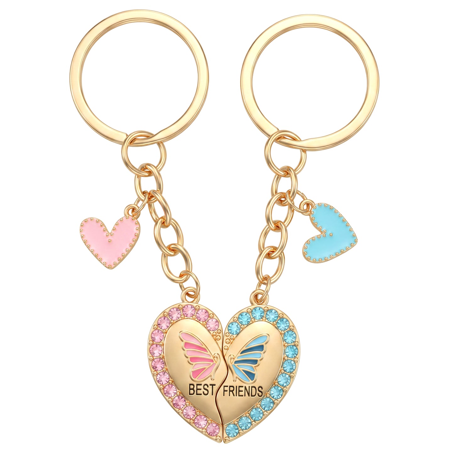 Ouligay 2 Pcs Best Friend Keychain,Heart Matching Keychains for Women,Best Friend Keyring with Rhinestones,Bestie Gifts for Women Long Distance Friendship Birthday (Pink Bule)