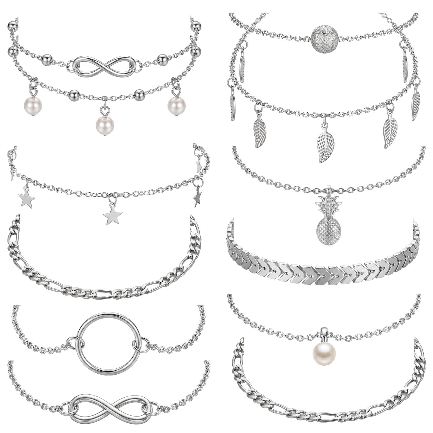Tyqour 10Pcs Silver Anklets Womens Ankle Bracelets Set with Tassel Beaded Anklets for Women Waterproof, Boho Bracelets Beach Jewelry for Women Adjustable Chain