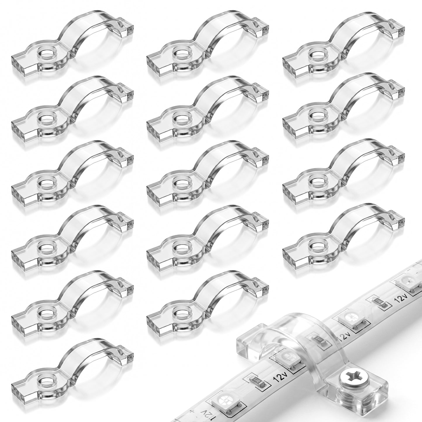 Xinjoduz 100 Pack Strip Light Mounting Brackets, Transparent Fixing Clips with 100 Screws, One-Side Fixing, LED Light Strip Clips Connectors for Outdoor, for 10mm Wide Waterproof Light-Strip