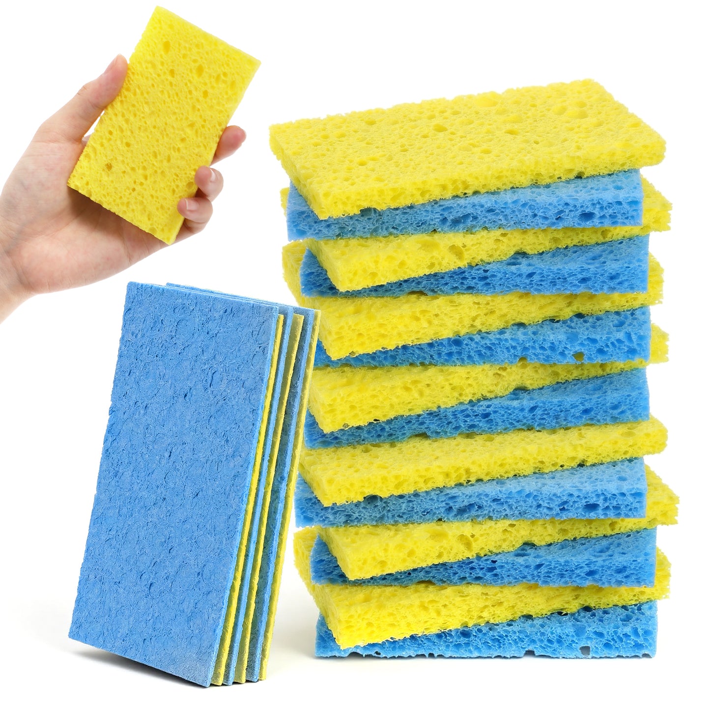 20 PCS Compressed Cellulose Sponges, Non Scratch Kitchen Cleaning Sponges, Natural Wood Pulp, Reusable Multipurpose Wash Scrub for Household Household Bathroom, Soft Washing Scrubbers (Blue, Yellow)
