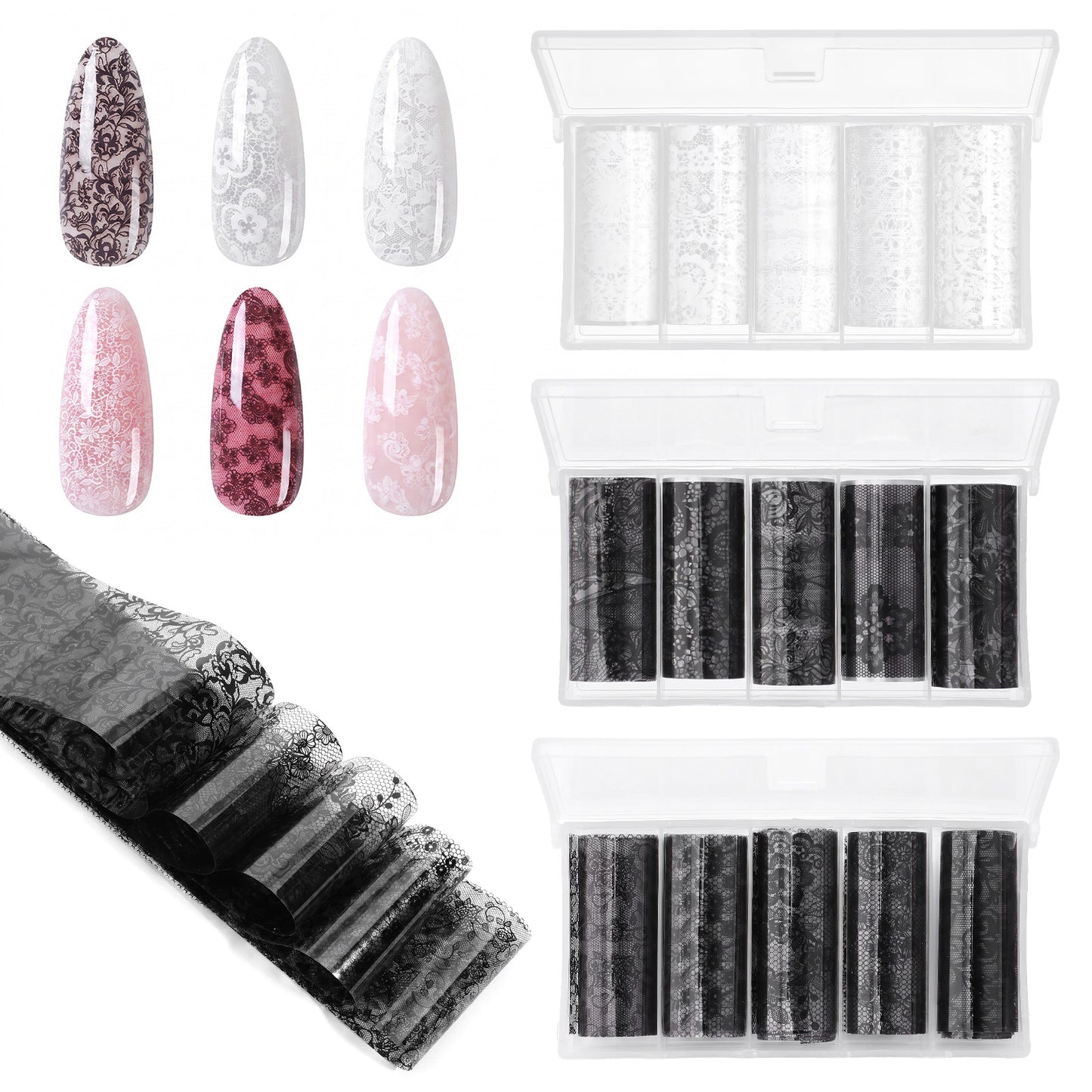 Ouligay 15 Rolls White Black Lace Nail Foil Flower Nail Transfer Stickers