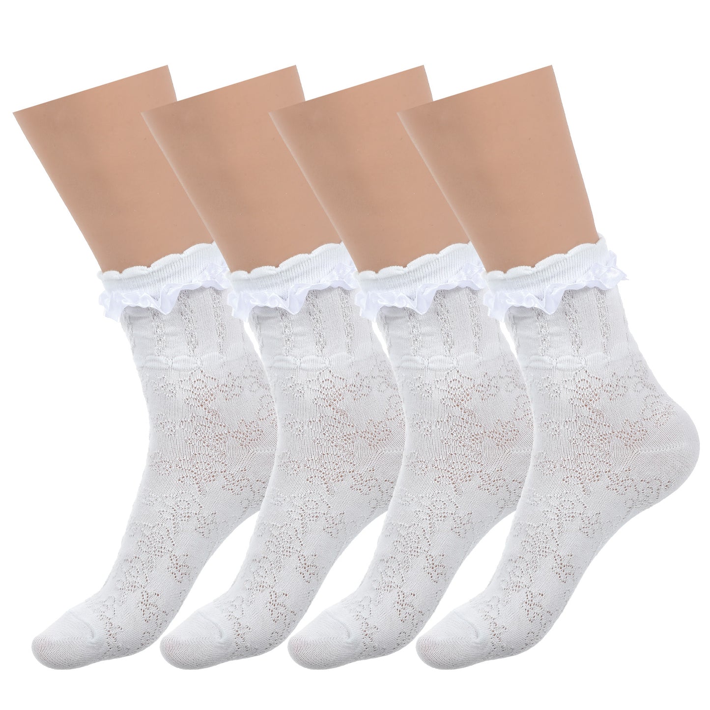 Nogeqi 2 Pairs Ruffle Socks Women, Cute Frilly Ankle Socks, Comfortable Cotton Princess Lolita Lace Sock for Women Girls (White)