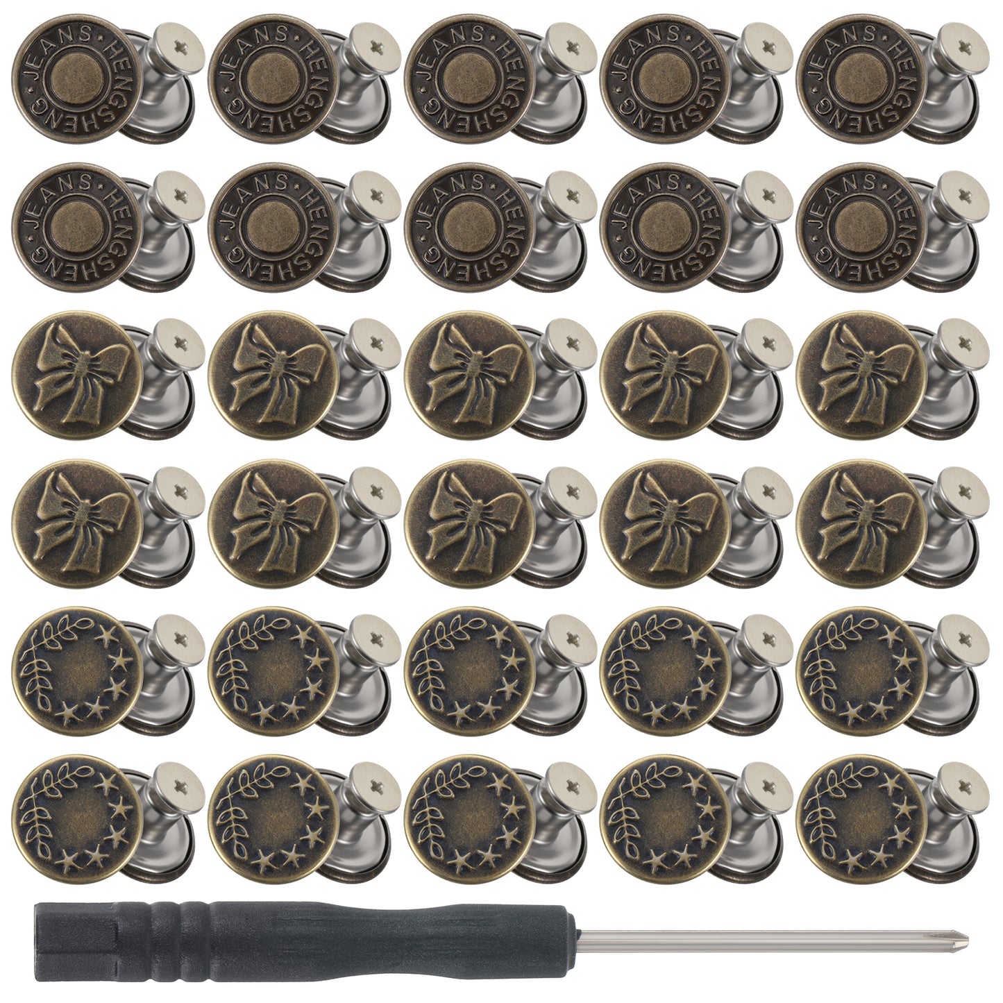 30 Pcs 17mm Jeans Button Replacement Instant No Sew Buttons for Pants Removable Metal Pant Buttons Tightener Adjustable Button Replacement Kit with Threads Rivets and Screwdriver Women Bronze