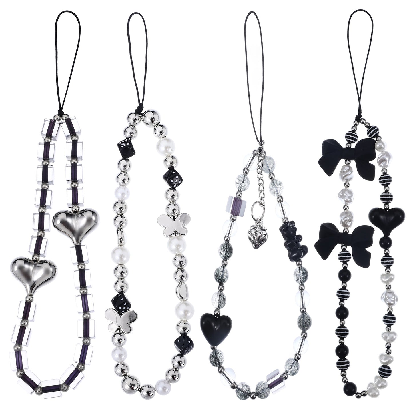 4 Pcs Goth Phone Charm 4 Styles Y2K Phone Strap Charms Beads Bedazzling Bear Cross Heart Silver Accessories Black Beaded Anti-Theft Phones Chain String for Bag Keychain Camera Pendants Decor Women