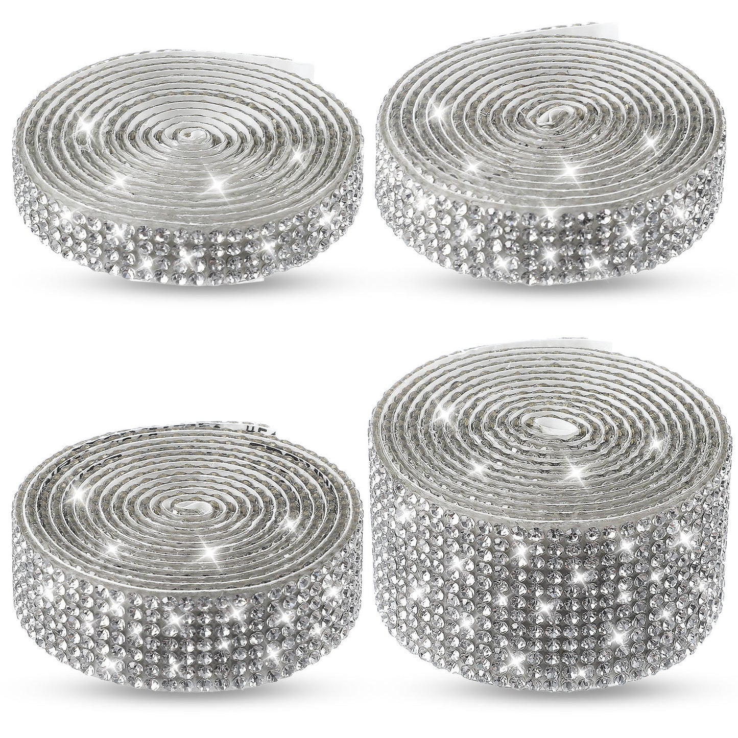 Tyqour 4 Rolls Rhinestone Ribbon, Sliver Rhinestone Strips Tape Self Adhesive Glitter Bedazzling Bling Ribbon Roll for Crafts, Fabric, Car, Shoes Décor