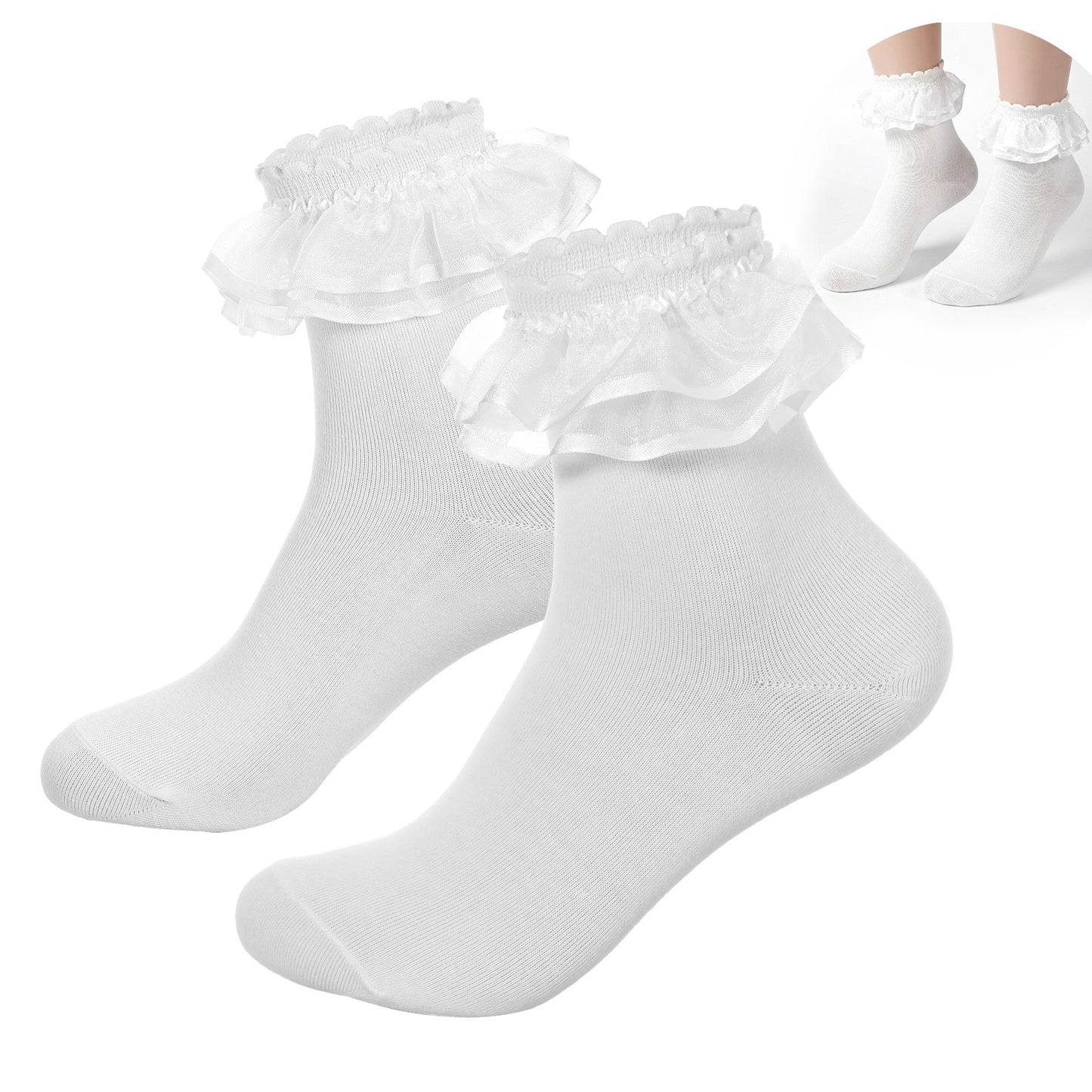 Matwsec 1 Pairs White Frilly Socks Women Turn-Cuff Lace Ruffle Ankle Sock Comfortable Cotton Princess Socks