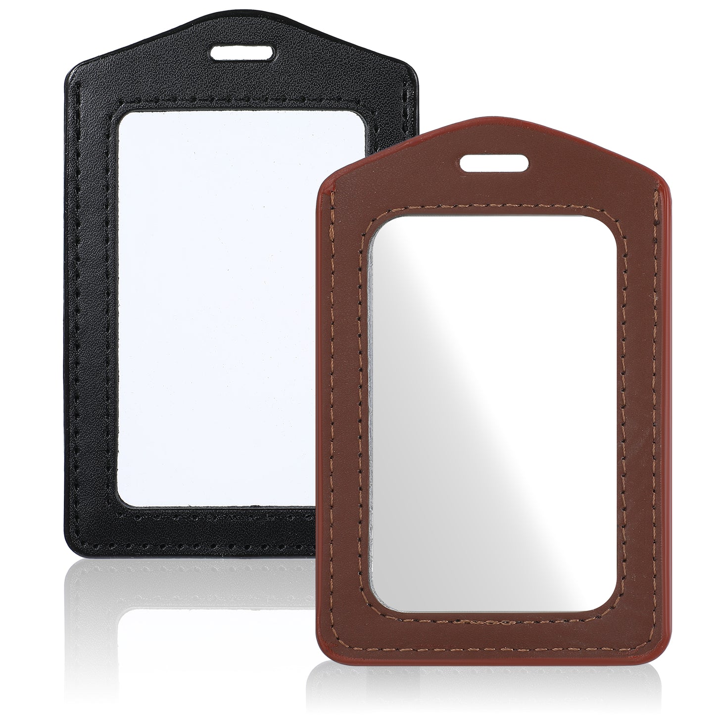 Leather ID Badge Holders, Mabor 2 Pcs Leather Badge Holder Vertical Double-Side Clear Card Holder Waterproof Name Badges Holders for Office Staff Students School ID Credit Cards(Black+Brown)