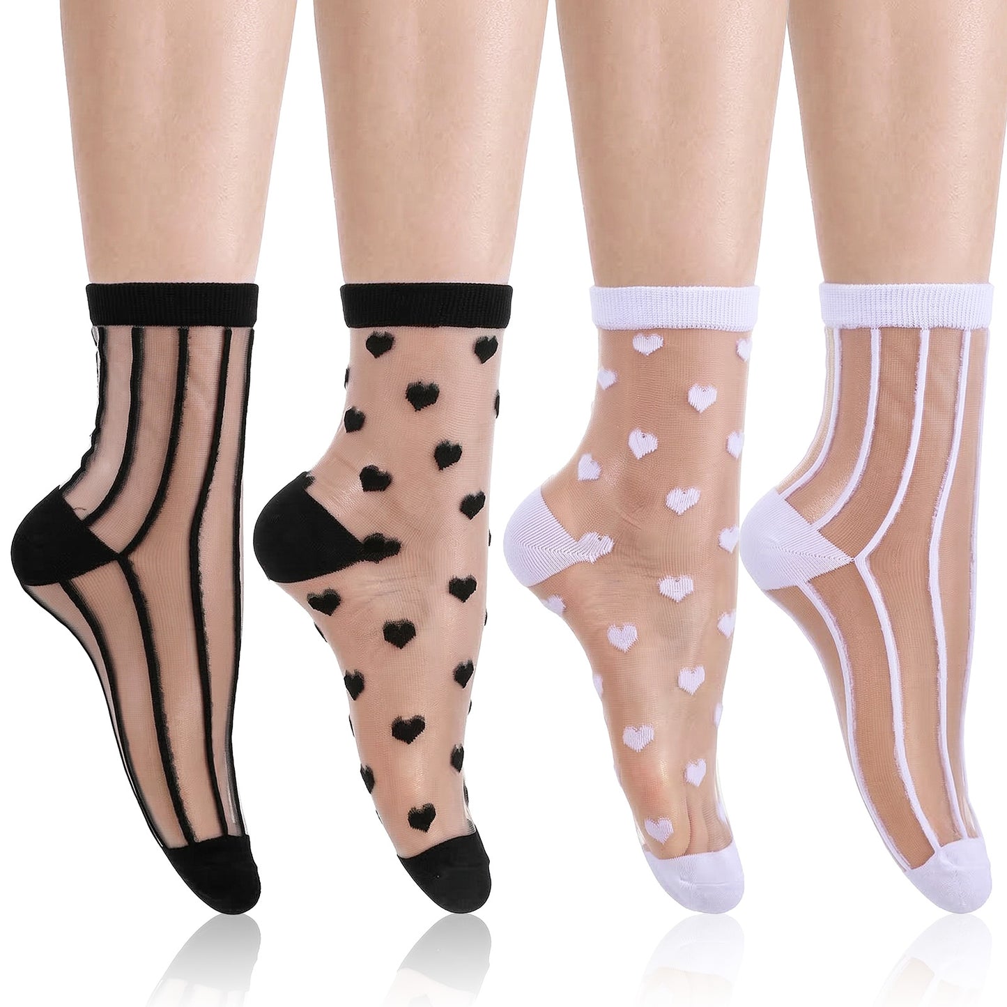 Matwsec 4 Pairs Sheer Socks Women Ruffle Socks Summer Cool Cute Crew Sock Thin Lace Mesh Casual See Through Sock
