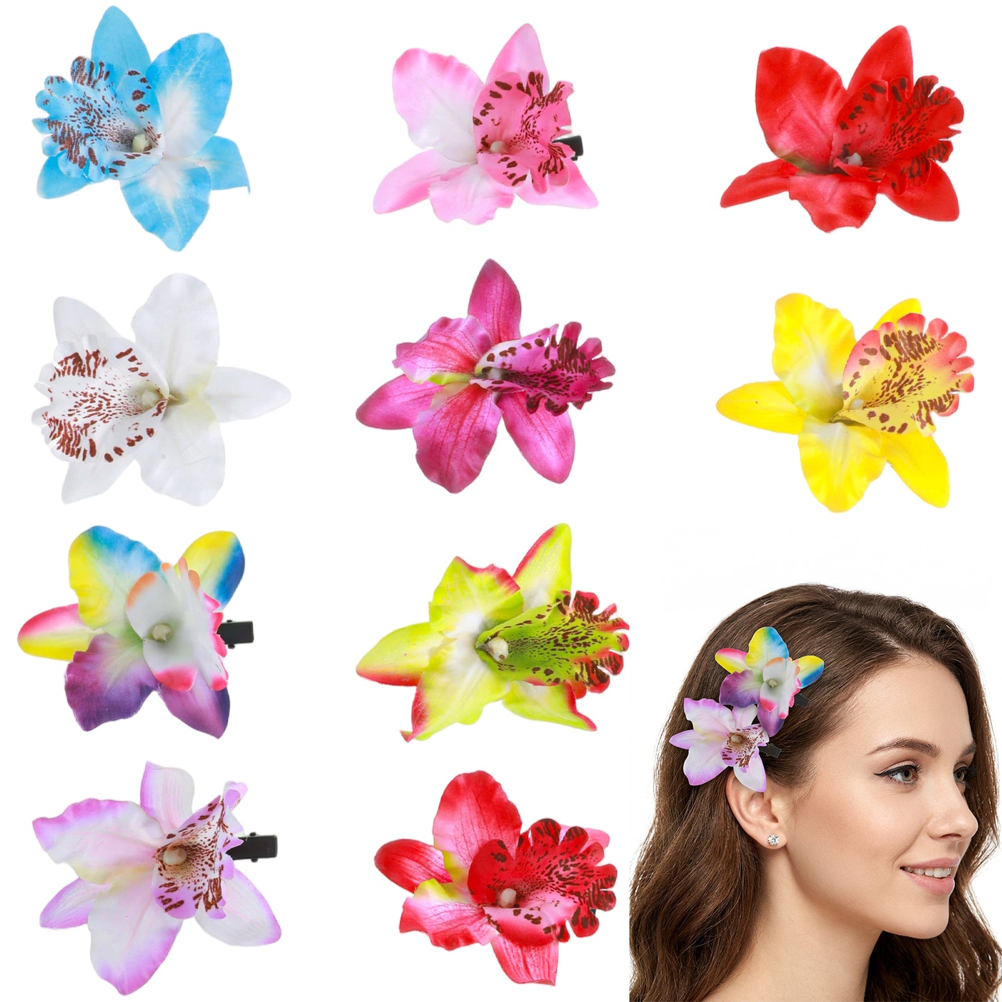 10 PCS Artificial Flower Hair Clips, Hawaiian Flower Hair Clips for Women, Colorful Tropical FlowerHair Accessories