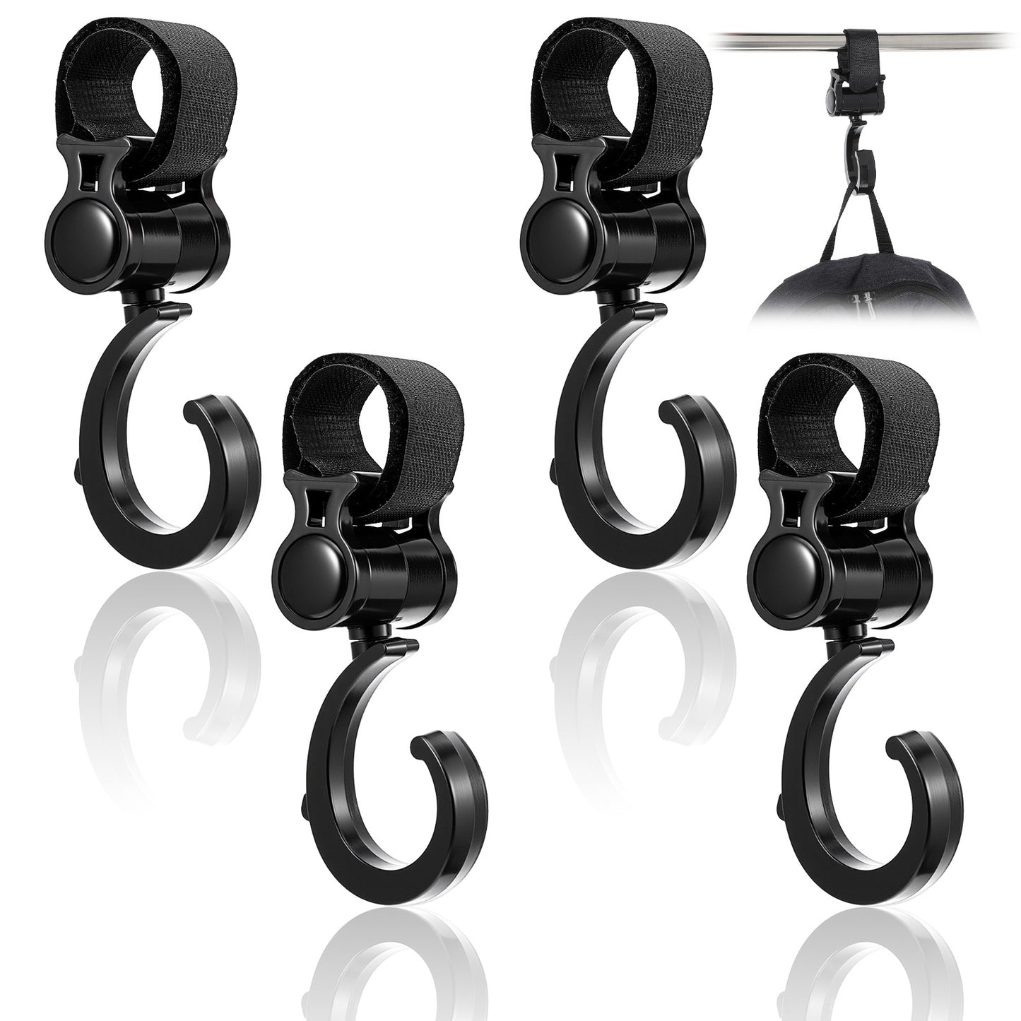 4 PCS Walker Hook Hanging Stroller Hooks for Bags, 360° Rotation Stroller Bag Hook Accessories for Walker, Shopping Cart, Car Back Seat (Black)