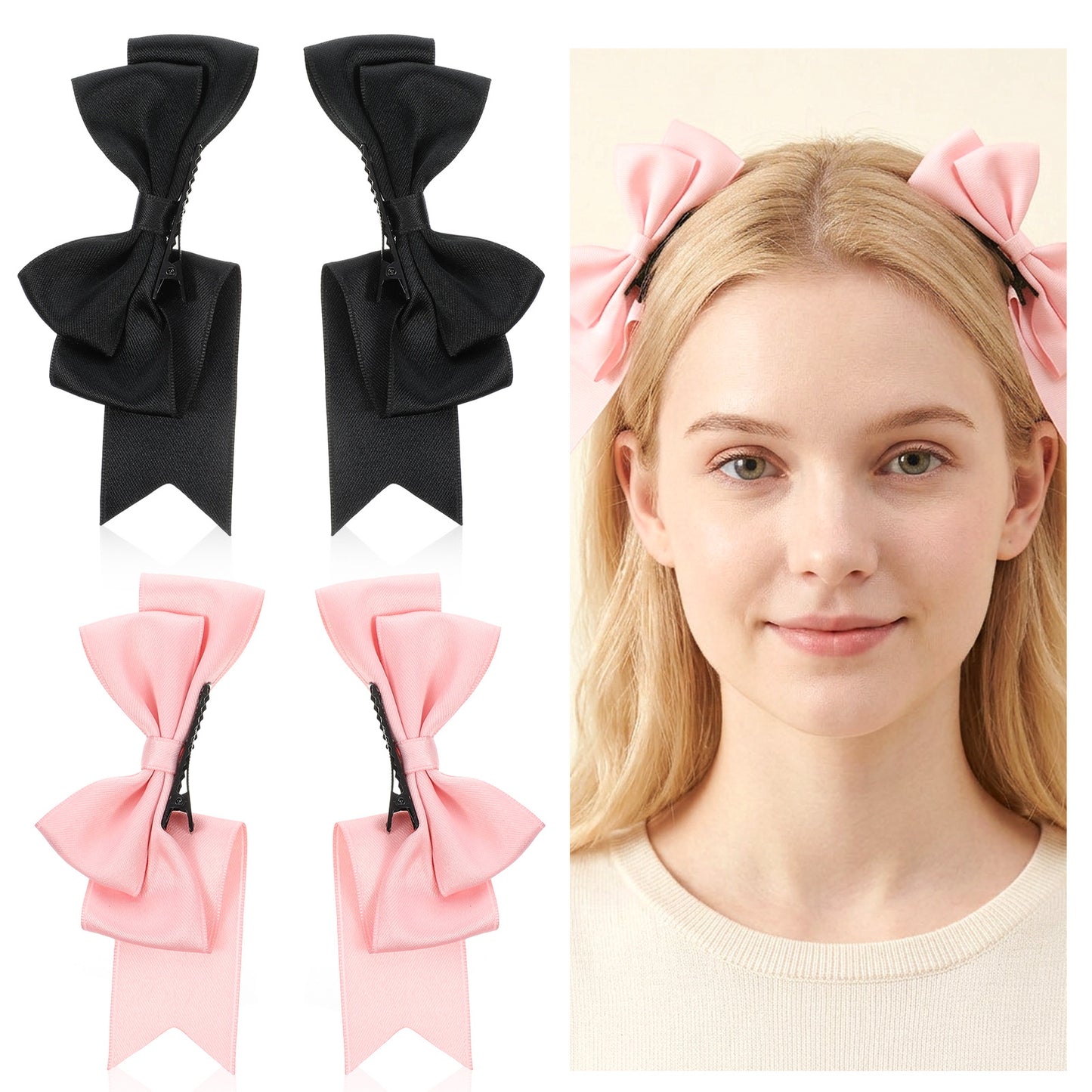 Ymapinc 4 Pcs Cute Bow Hair Clips, Kawaii Hair Accessories in Pink & Black, Cosplay Headpiece for Prom Parties Birthday Date Decor