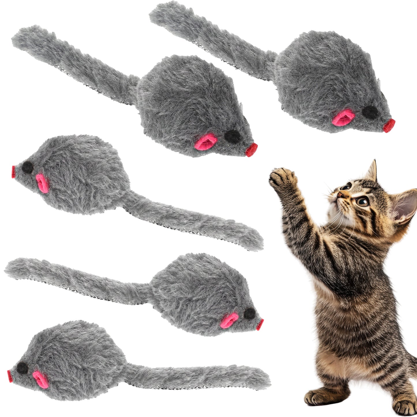RAHHLIZS 5 Pcs Cat Mice & Animals Toys, Grey Short Fur Cat Mice Toys, Realistic Cat Toy Mouse with Rattle - Best Cat Toys for Indoor Cats
