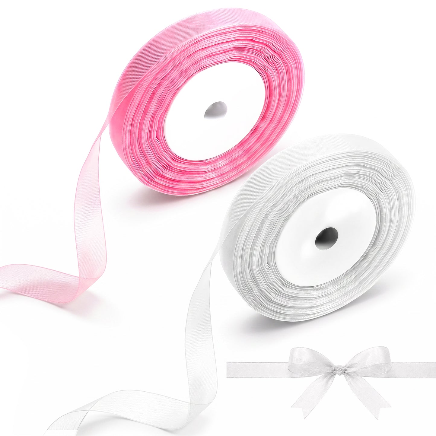 RAHHLIZS 2Pcs Pink White Organza Ribbon 100 Yards 0.59in/1.5cm Wide