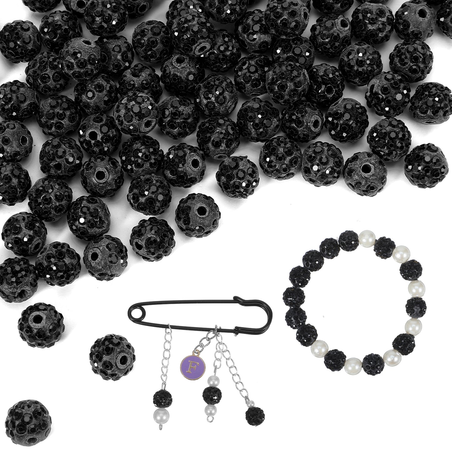 120 Pcs Black Clay Beads,Black Pony Beads,Clay Rhinestone Bead for Jewelry Making,Bling Sparkle Rhinestone Bead with Elastic String for Bracelet Necklace Earring Jewelry Making