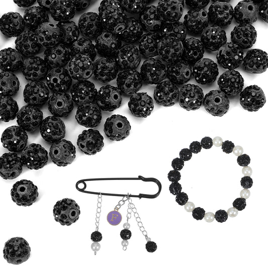 120 Pcs Black Clay Beads,Black Pony Beads,Clay Rhinestone Bead for Jewelry Making,Bling Sparkle Rhinestone Bead with Elastic String for Bracelet Necklace Earring Jewelry Making