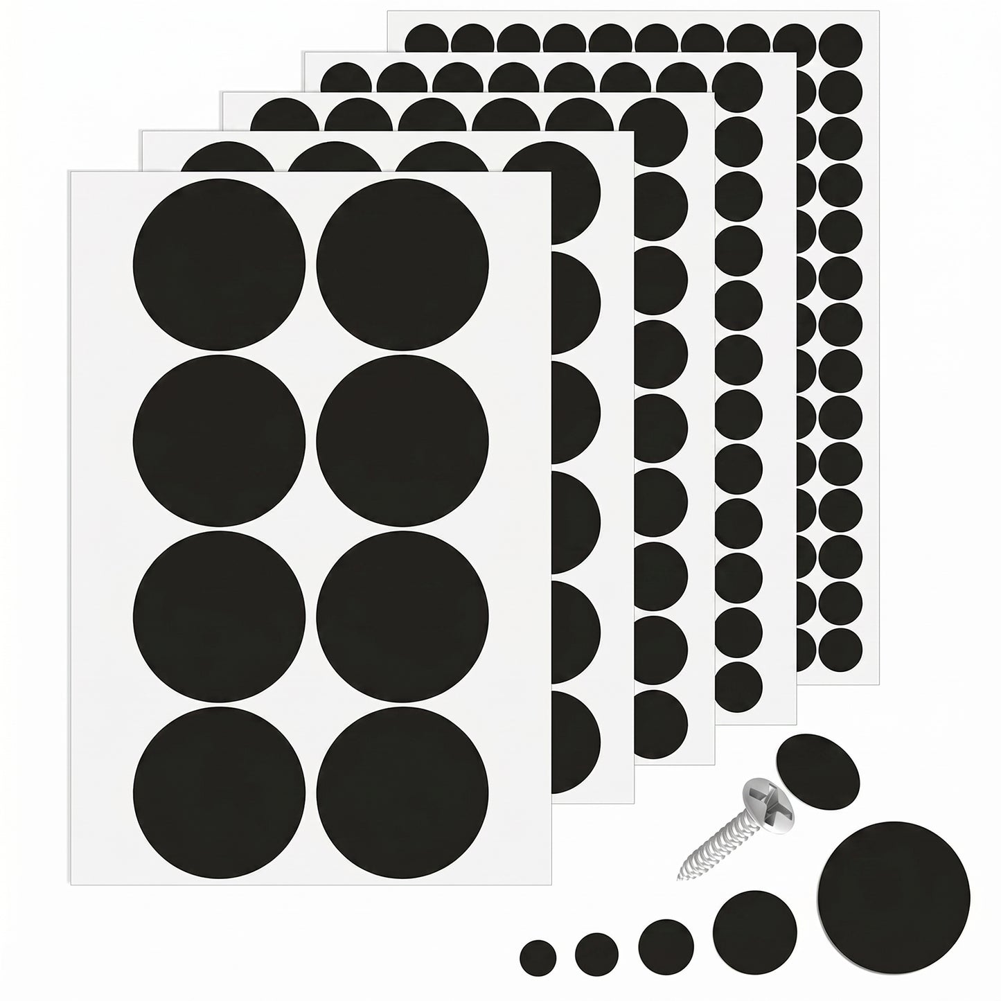 Ouligay 322 PCS Self-Adhesive Screw Hole Sticker Black Screw Covers Stickers, 12mm/15mm/21mm/30mm/50mm Screws Cover Stickers Dustproof Sticker for Various Furniture Cabinet, Drawers, Desks