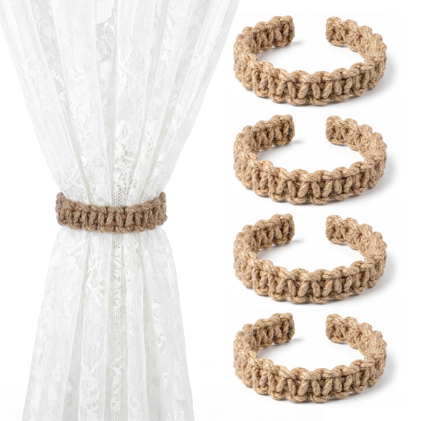 Ymapinc 4 Pack Braided Rope Curtain Tiebacks, No Drilling Curtain Holdbacks, Vintage Fabric Drape Holders, Boho No Drill Window Tie for Home Office Bedroom
