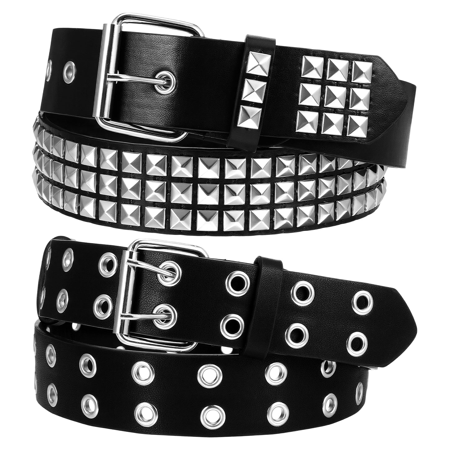 Sorcristy Black Studded Belt and Grommet Leather Belt with Double Holes for Women Men, 2 Pcs Y2K Metal Punk Rock Double Grommet Belts, Black Leather Belts for Women Men