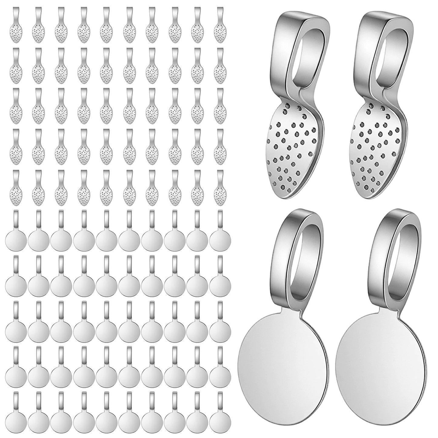 Nogeqi 100PCS Silver Plated Jewelry Bails, Flat Pad Glue on Bails for Jewelry Making, Earring Pendant Necklace Bail for DIY Crafts Charms Connector Hanger (2 Styles)
