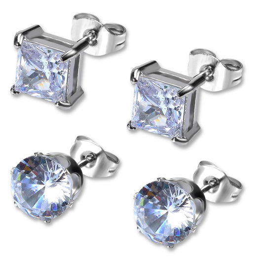 2 Pairs Earrings Studs, Mabor Small Plated Tiny Earrings Set - CZ Stud Earring in Square, Round & Teardrop Shape - Anti-sensitive for Women & Men (Silver Color)