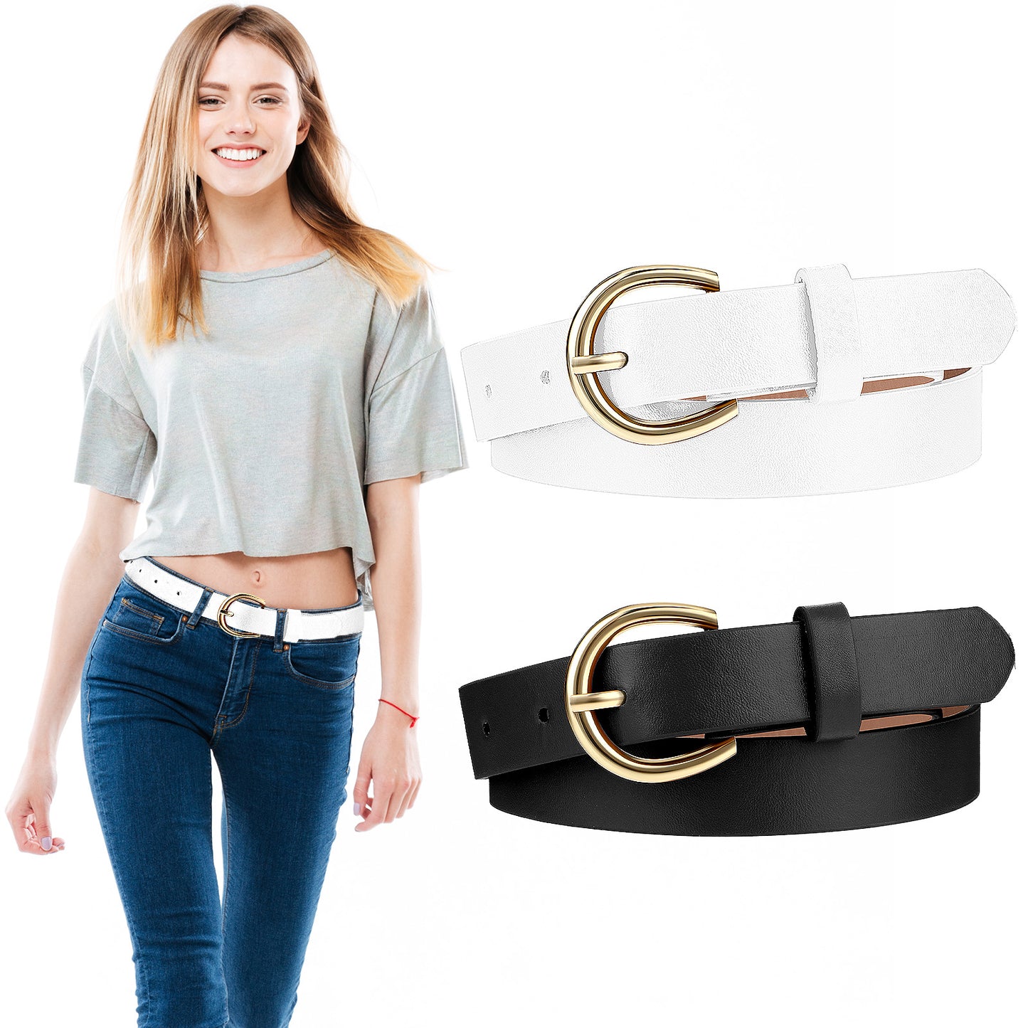 2 PCS Girls Belt 82cm Elastic Leather Kids Belt, Exquisite Comfortable Skinny Strappy Waist Belt with Double O Ring Buckle (Black/White)