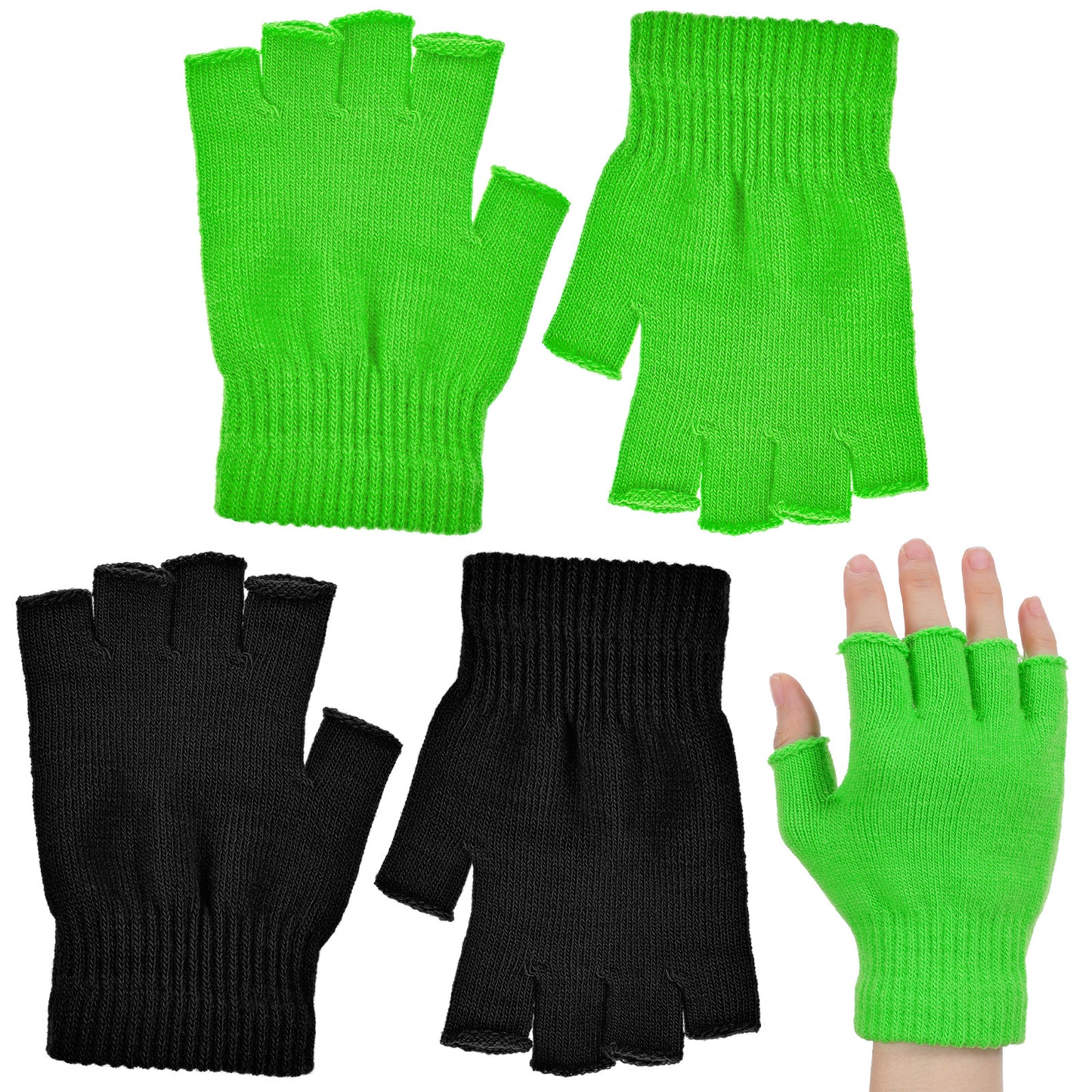 Bremorou Knit Green Fingerless Gloves For Women Men, Half Finger Warm Knit Stretchy Touchscreen Mitten Green Fingerless Gloves For Women Men Typing Boys Girls 2 Pairs
