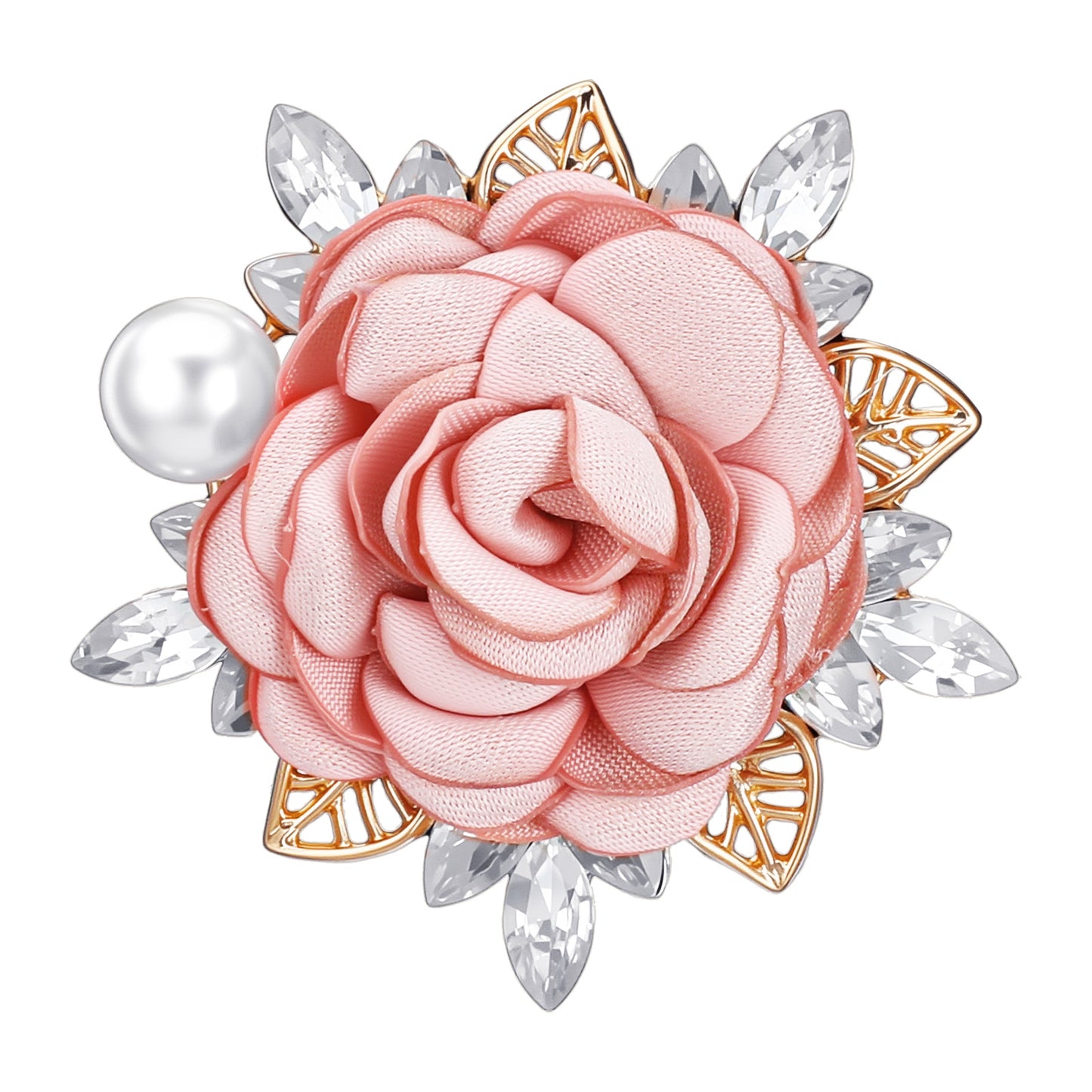Flower Brooch Pin for Women, Elegant Boutonniere for Men, Handmade Crystal Pearl Fabric Lapel Pin for Wedding, Party, Valentine's Day (Pink)