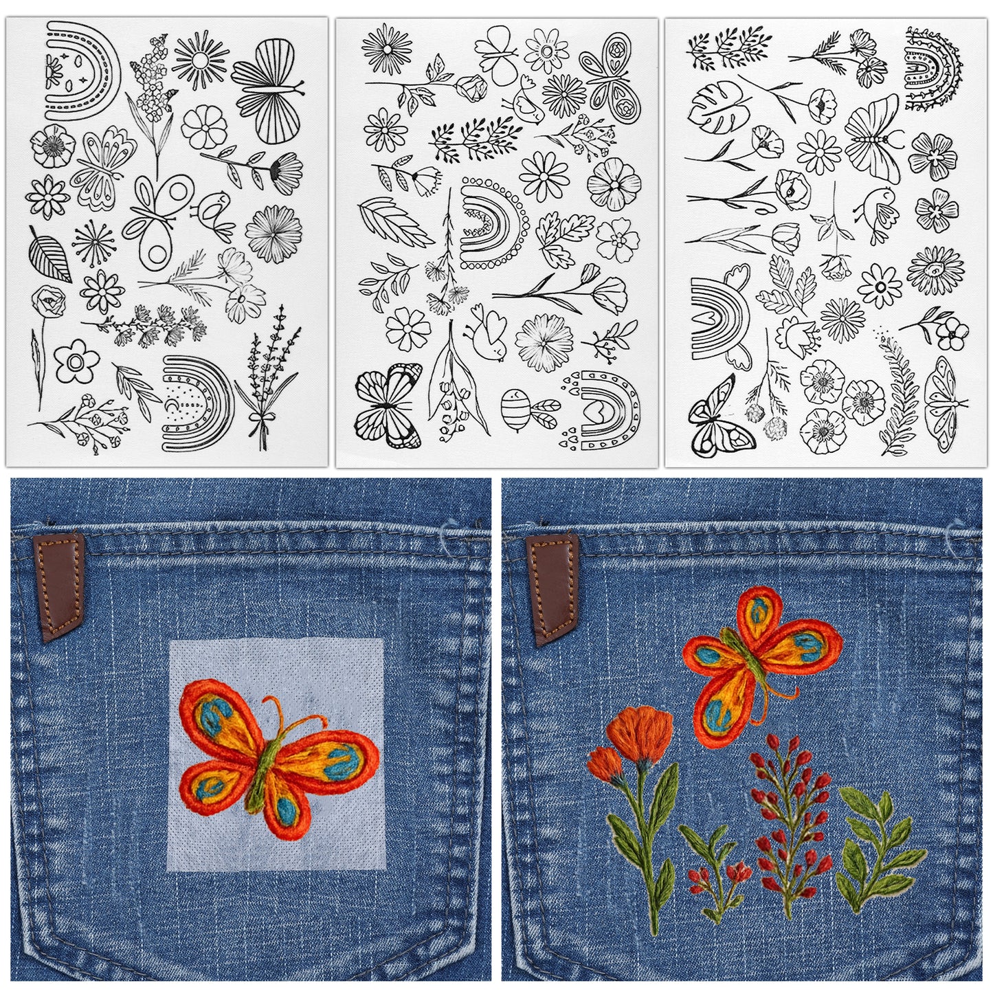 79Pcs Water Soluble Hand Sewing Stabilizers, Self Adhesive Washable Stabilizer with Pre-Printed Grass Butterfly Rainbow Bird Leaves Graphic for Beginner Embroidery Hand Sewing
