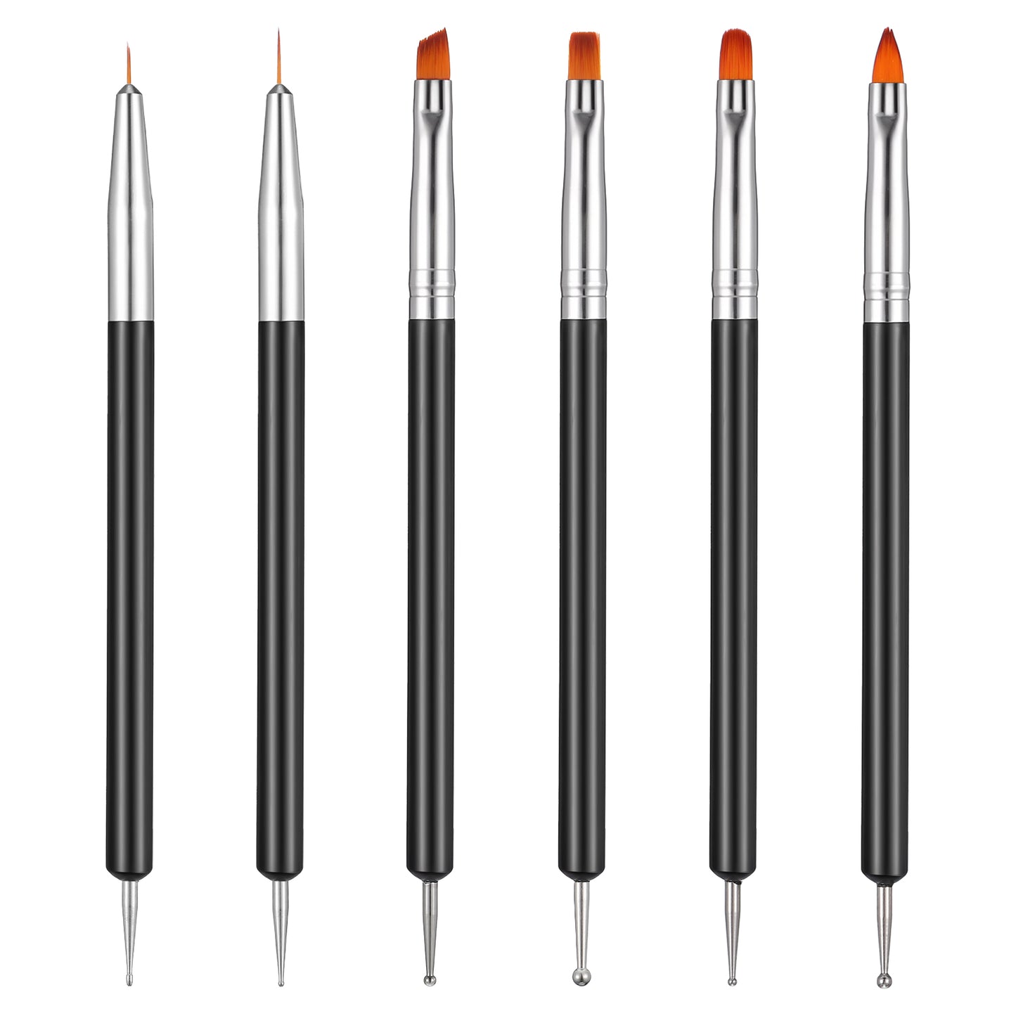 6PCS Double-Ended Nail Art Brush Kit, Nail Dotting Tools for Gel Polish, Liner, Drawing, Dotting and Detailing, Professional Nails Art Design Pen and Paint Brushes Set