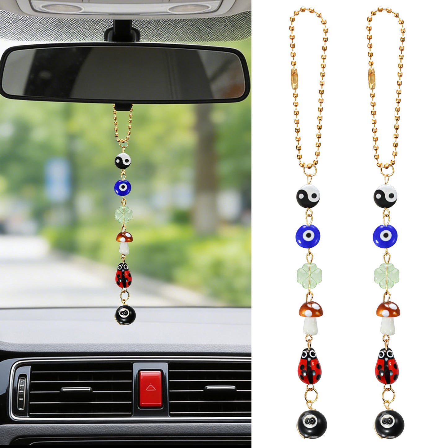 2PCS Evil Eye Car Mirror Hanging Accessories, Good Lucky Days Rear View Mirror 8 Ball Mushroom Four-Leaf Clover Pendant Charm Cute Boho Evil Eye Ladybug Yin Yang Symbol Car Charm Decor